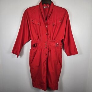 Vintage 80s Sunshine Starshine Red Rad Retro Dolman Snap Button Dress Size Small